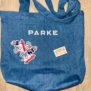 Parke Blue Denim Tote Bag stickers and matchsticks